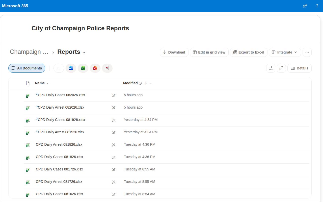 Champaign Police SharePoint destination for city media reports