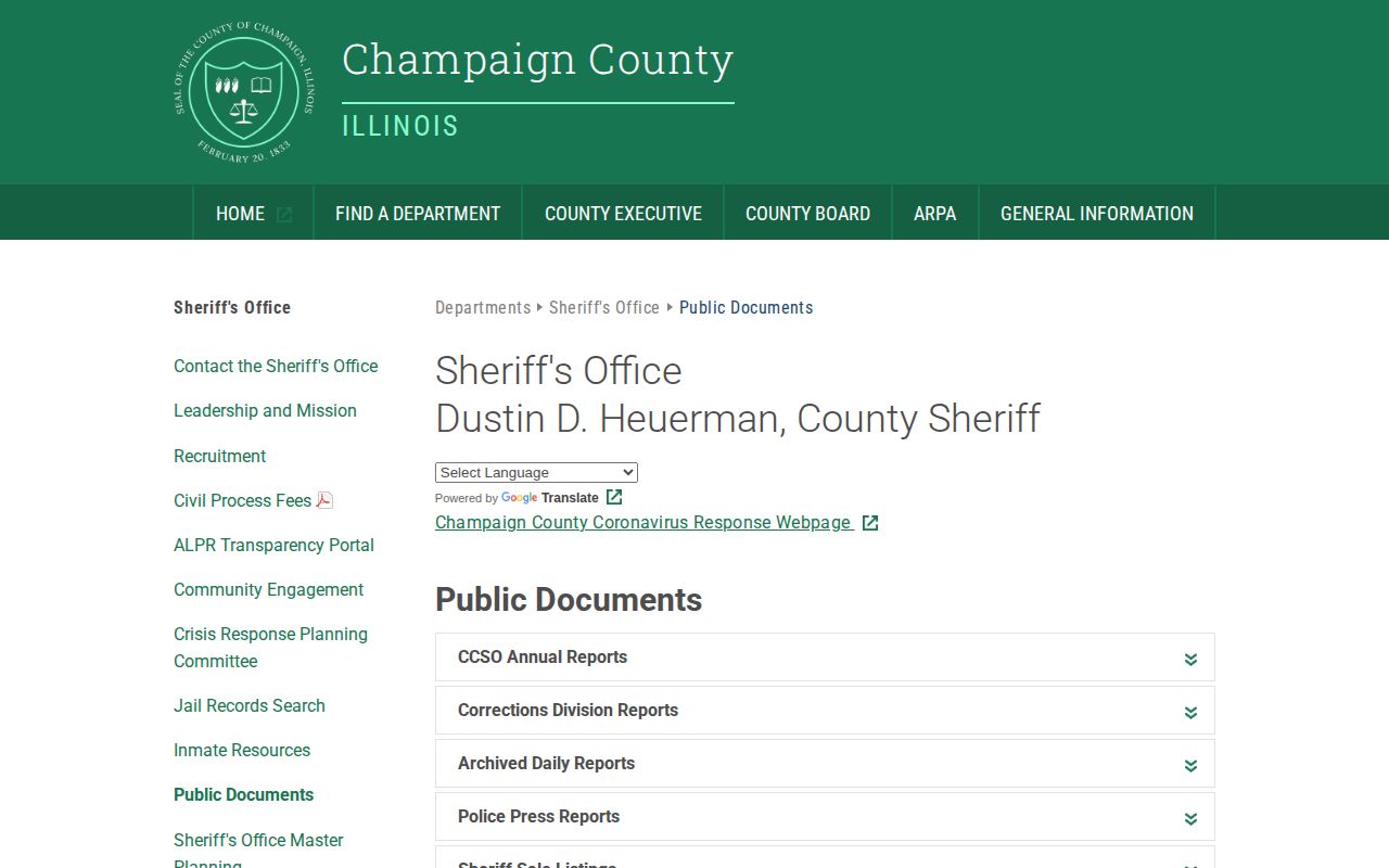 Champaign County Sheriff public documents page for daily booking reports