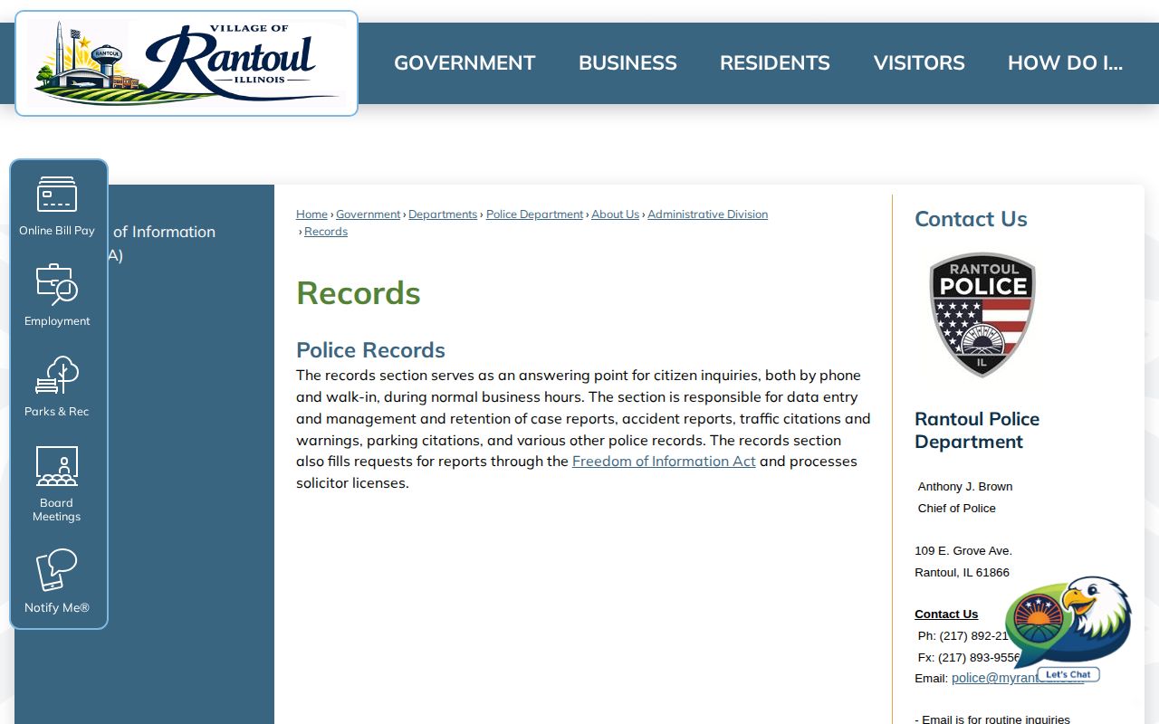Rantoul Police Records page for city reports and FOIA requests